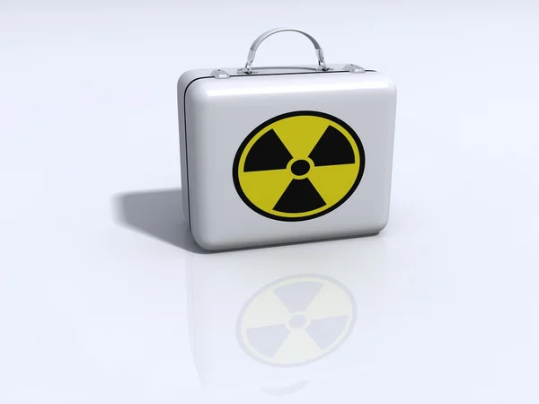Valise blanche avec un signe de radioactivité — Photo