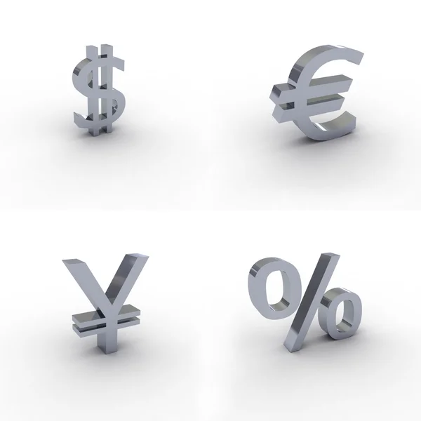3D Silber Euro Dollar Yen Prozentsatz Symbole isoliert — Stockfoto