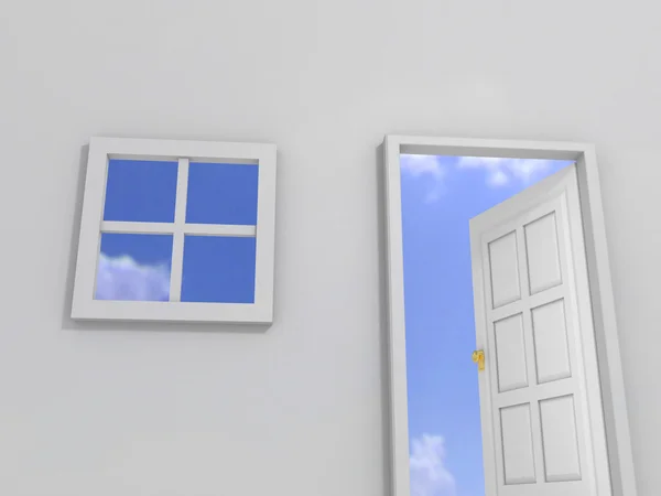 Wall with window and opened door to sky — Stock Photo, Image