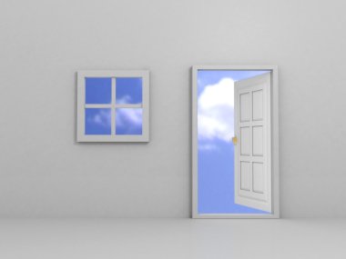 Wall with window and opened door to sky clipart