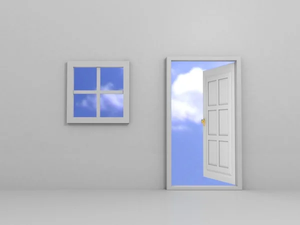 Wand mit Fenster und geöffneter Tür zum Himmel — Stockfoto