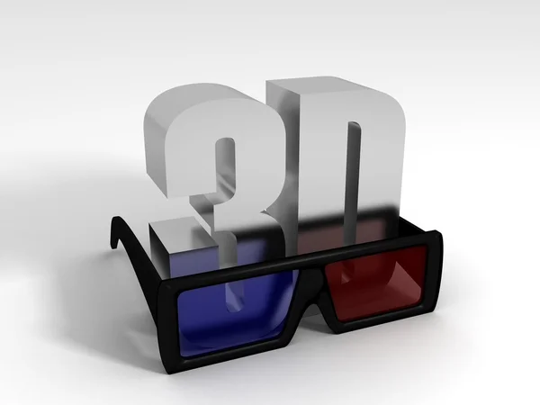 Okulary 3D i 3d metalowe symbol tekst na białym tle — Zdjęcie stockowe