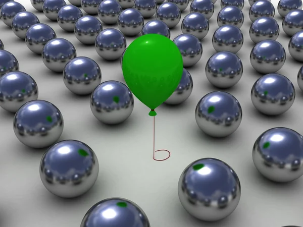 Balão verde em bolas de metal row.individuality conceito — Fotografia de Stock