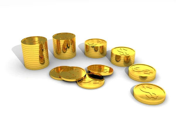 stock image Group of golden dollar coins on white background