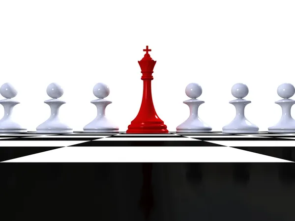 Rey rojo y filas de peones blancos en tablero de ajedrez. Líder y equipo —  Fotos de Stock
