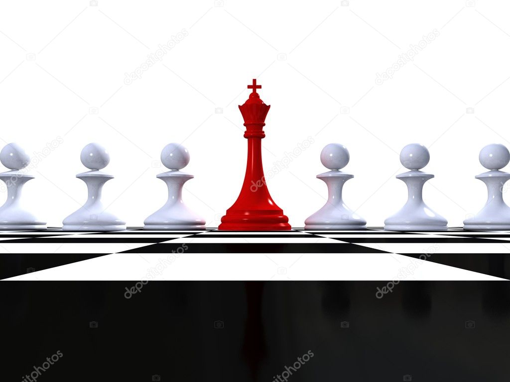 Red king and rows of white pawns on chessboard. Leader and team