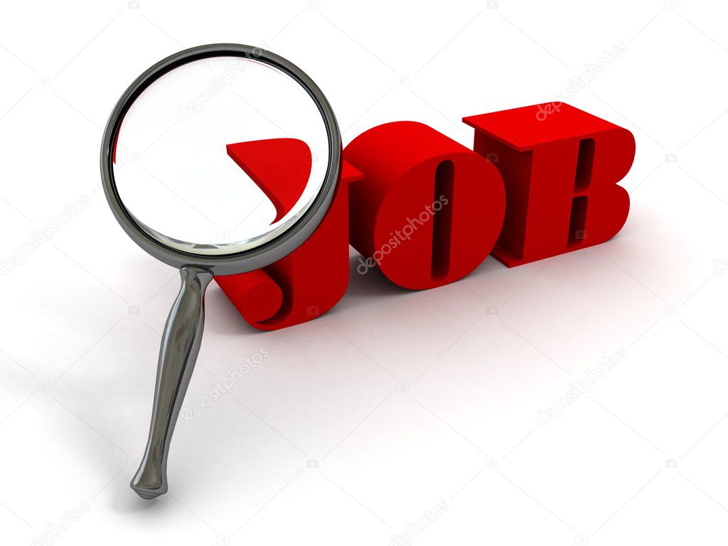 Job search, find work and employment hire now. Career button or icon with magnifying glass