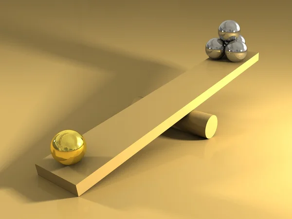 Balance concept with one golden ball overweighting three silver balls — Stock Photo, Image