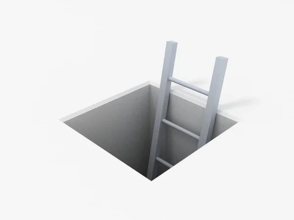 Un agujero rectángulo en el suelo blanco y una escalera gris metálica para salir —  Fotos de Stock