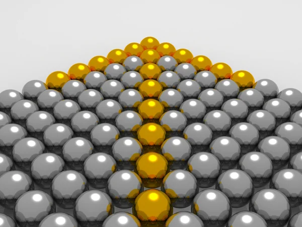 Grey 3D balls with gold ones forming an arrow — Stock Photo, Image