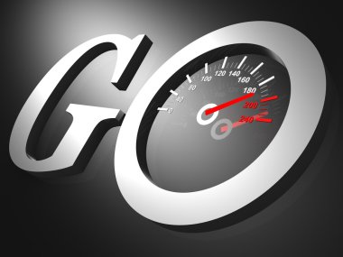 A speedometer with needle racing into high speeds appears in the words Go clipart
