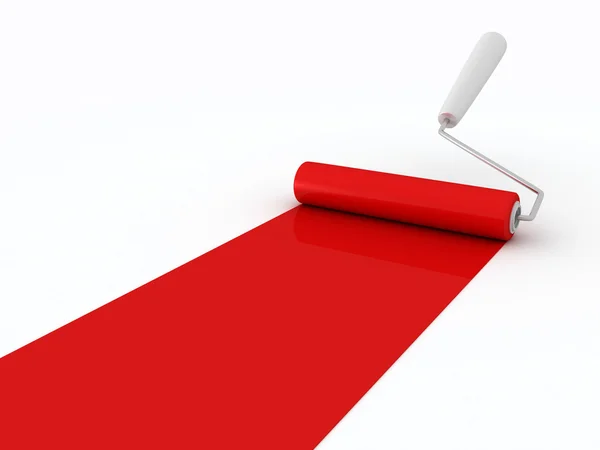 Red roller brush with trail of paint on white — Stock Photo, Image