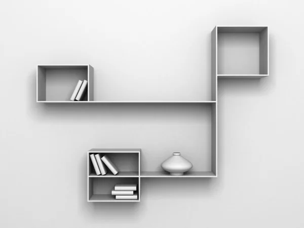 Estantes modernos en pared blanca con libros y jarrones —  Fotos de Stock