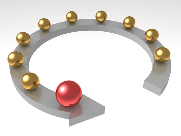 A esfera vermelha está na liderança em uma fileira de bolas de ouro — Fotografia de Stock