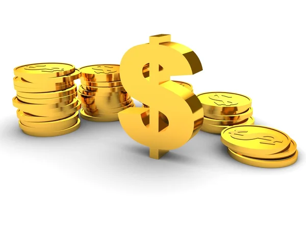 Golden dollar sign with coin towers — Stock Photo, Image