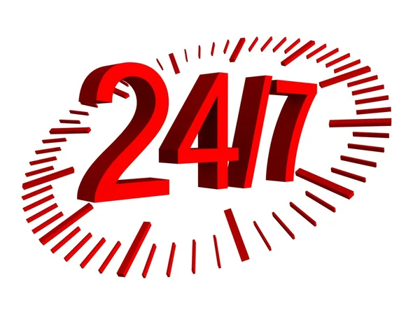 24 7 signe rouge avec horloge — Photo
