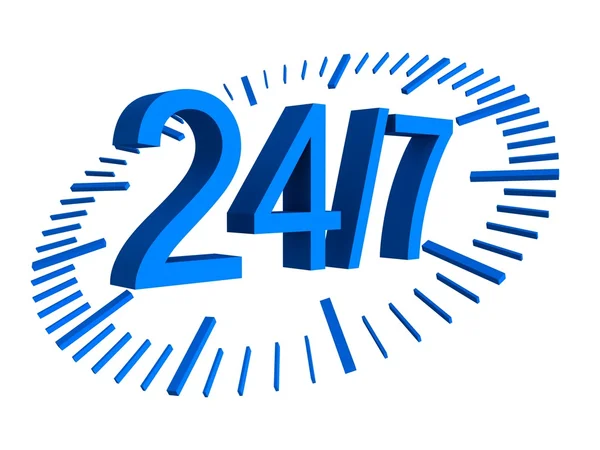 24 7 niebieski znak z zegarem — Zdjęcie stockowe