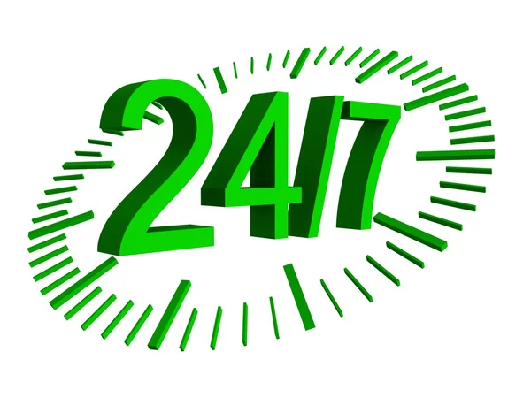 24 7 πράσινο σημάδι με ρολόι — Φωτογραφία Αρχείου