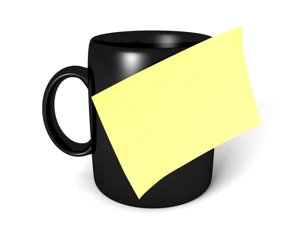 Black mug with sheet of paper for text — Stock Photo, Image