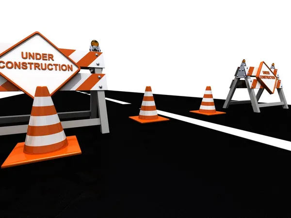 Sob construção barreiras de sinalização rodoviária — Fotografia de Stock