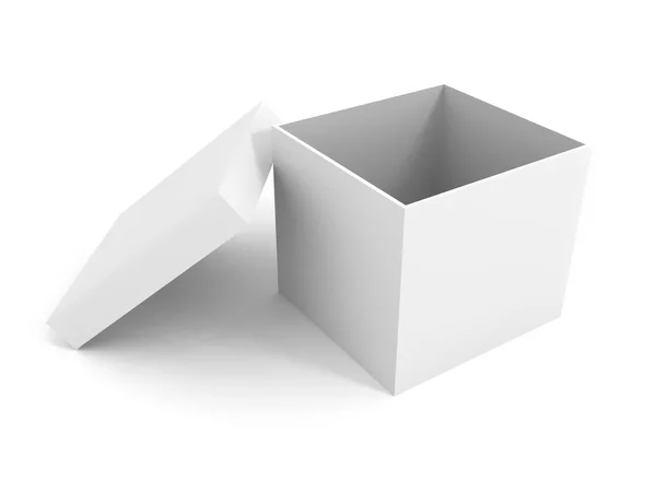 Fehér üres nyitott doboz alatt fehér háttér — Stock Fotó