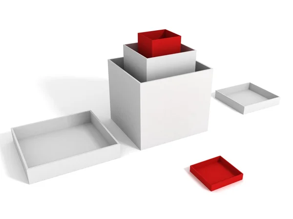 Пустой красный подарочный коробок во многих белых коробках — стоковое фото