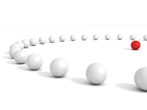 Концепция лидерства с красной сферой и многими белыми сферами — стоковое фото