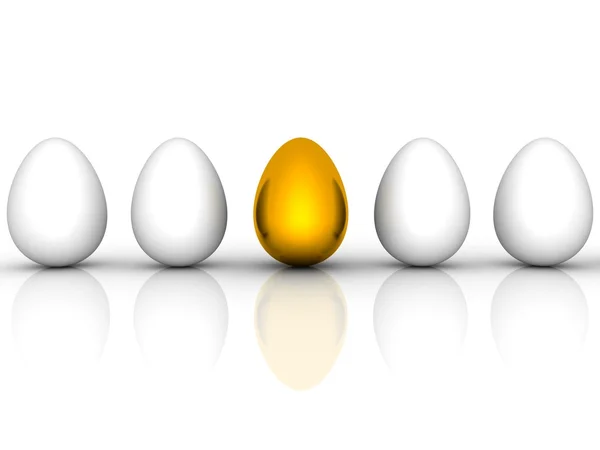 Золотое пасхальное яйцо среди аналогичных белых яиц — стоковое фото