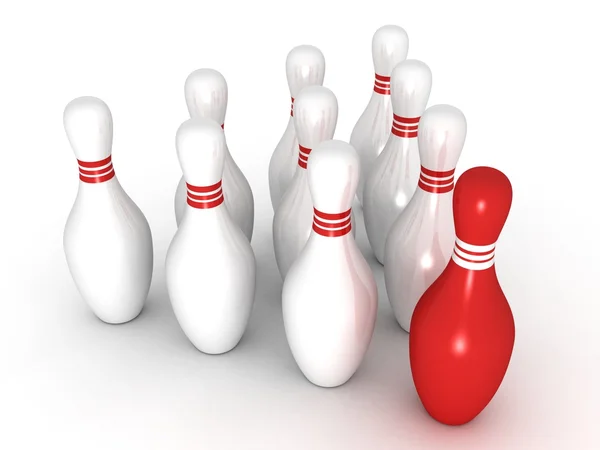 Bowling pins with red leader — Stock Photo, Image