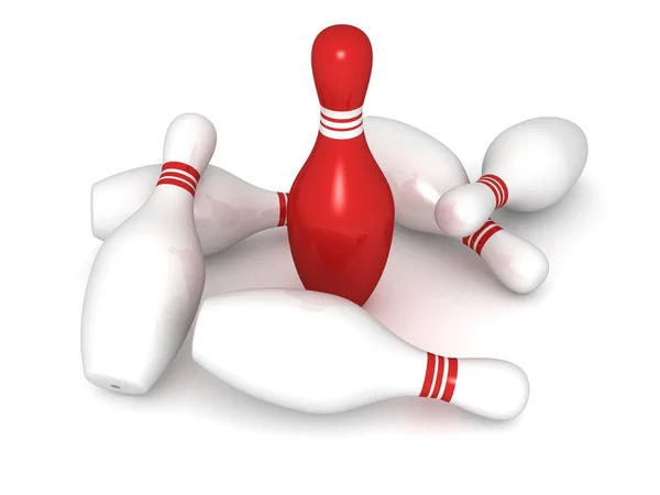 Bowling pins with one red unique leader — Stock Photo, Image