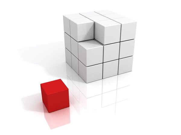 Unique red cube. leader business concept.