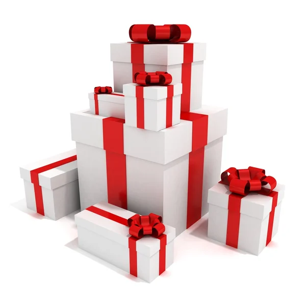Montón de cajas de regalo blancas decoradas con lazos rojos —  Fotos de Stock