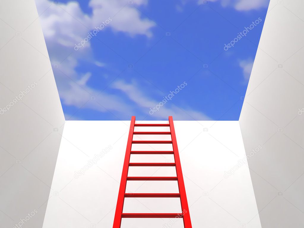 Red stairway rising up to sky