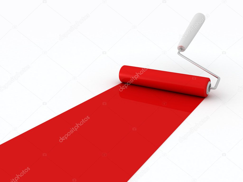 Red roller brush with trail of paint on white