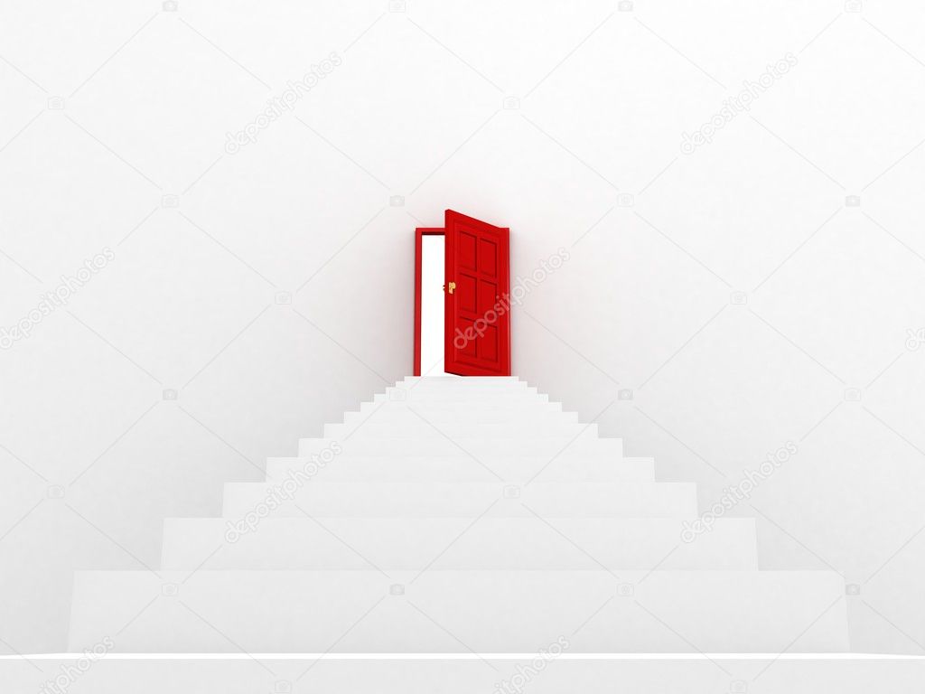White staircase to open red door