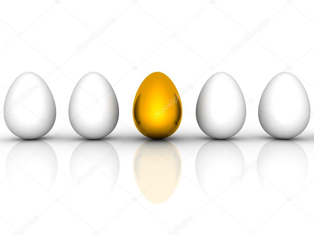Golden easter egg among similar white eggs