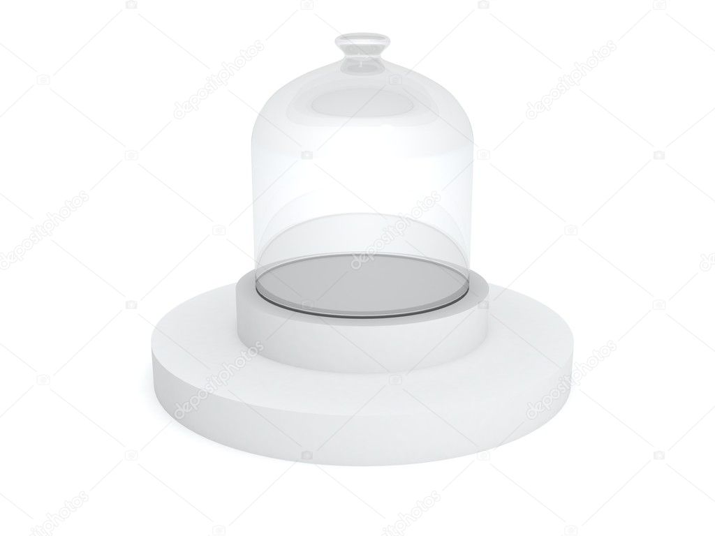 Glass bell cover on white podium