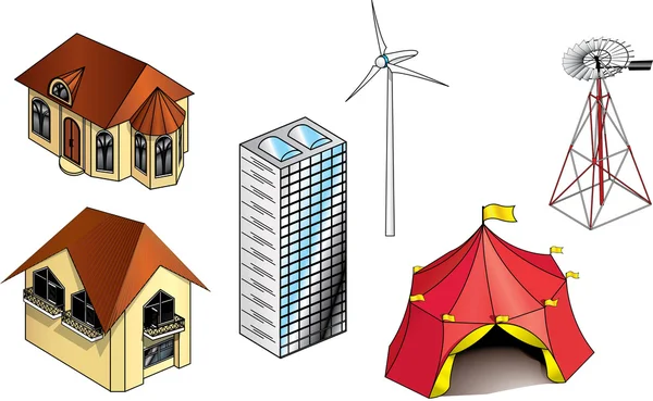 Hus, byggnader och turbiner arkitekturen modeller samling — Stock vektor
