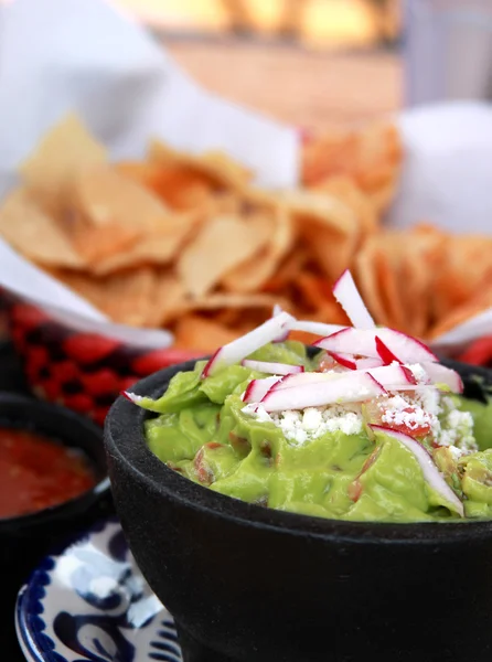 Guacamole, salsa and chips — Stock Photo, Image