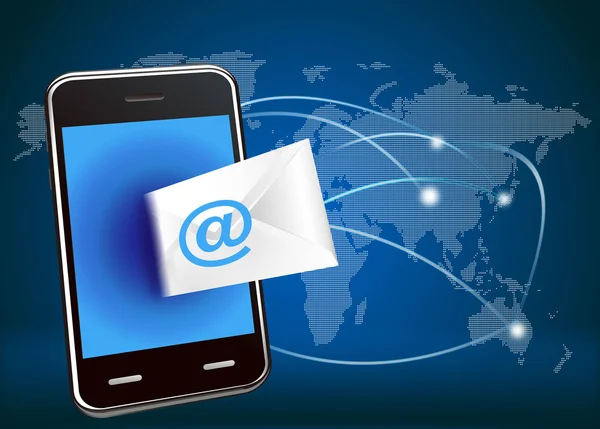 E-mail dello smart phone vettoriale su sfondo di rete globale — Vettoriale Stock