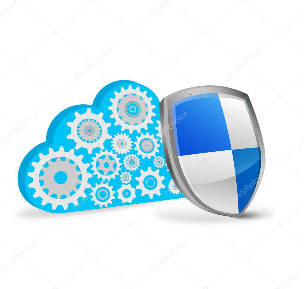 Vector 3d cloud computing with protection shield