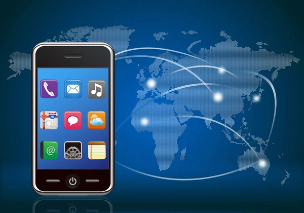 Inteligentny telefon z aplikacjami na tle globalnej sieci — Wektor stockowy