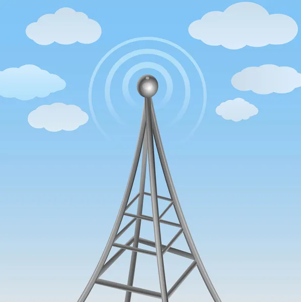 Vector communication antenna on cloudy background — Stock Vector