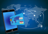 Vektor szúró telefon-val hitelkártya a globális hálózat háttér