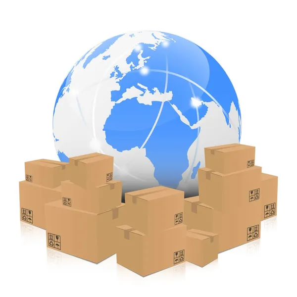 Векторные глобальные перевозки с картонными коробками — стоковый вектор