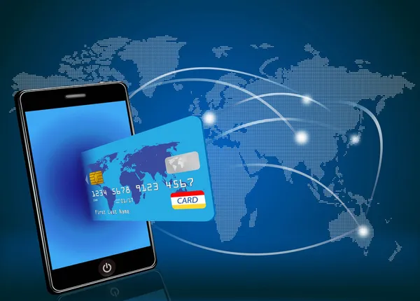 Vektor smart telefon med kreditkort på globala nätverk bakgrund — Stock vektor
