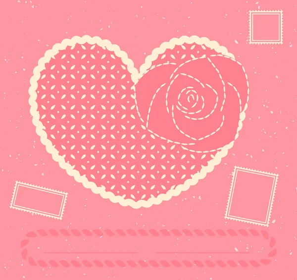Vector card with heart, rose and three postage stamps — Stock Vector