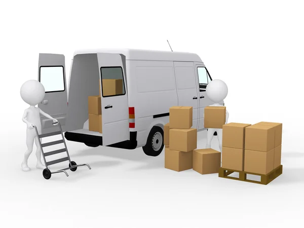 Trabalhadores 3d caixas de carga para uma van — Fotografia de Stock