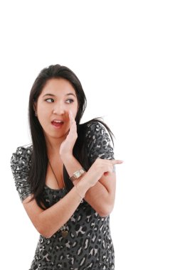 Woman surprising and pointing at someone clipart