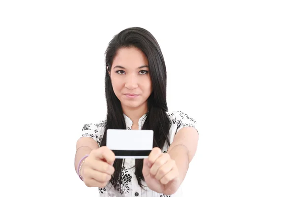Woman with a credit card on her hand, focus on woman — Stock Photo, Image